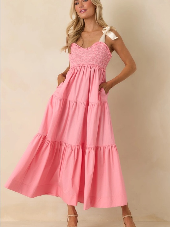 Lovelo Dresses & Skirts - Lovelo Pink Smocked Tiered Midi Dress with Ribbon Straps